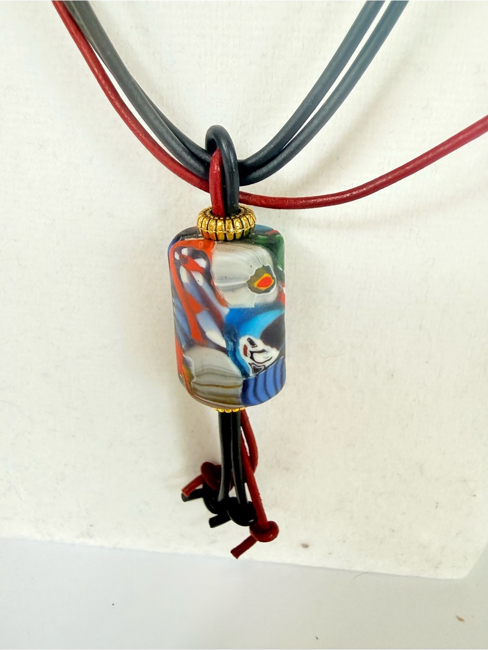 Handcrafted Artisan Cord Necklace Multicolored Lampwork Glass Focal Bead